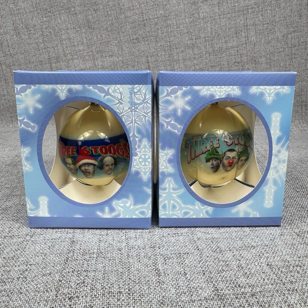 Lot of 2 The Three Stooges Christmas Ornament Glass Ball Holiday Decoration 80s